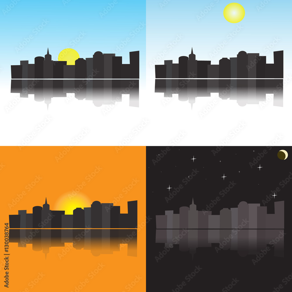 The city at different times of day, morning, afternoon, evening, night