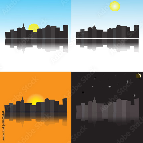 The city at different times of day, morning, afternoon, evening, night