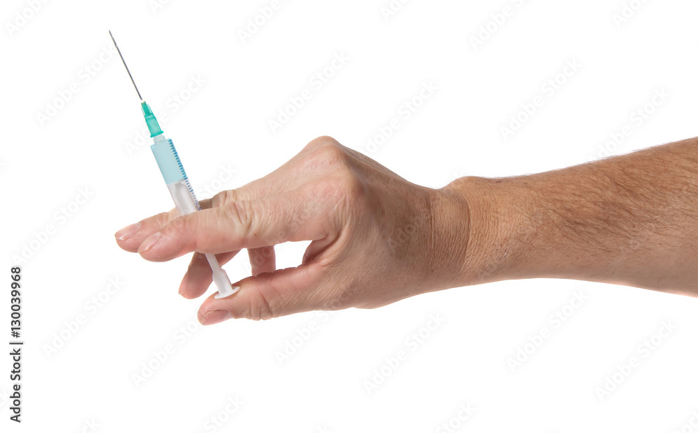 hand with syringe on white background. isolated on white. hand with syringe on white background. isolated on white.