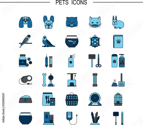 Vector flat line icons with pet shop symbols. Line icons of dog, cat, fish, parrot and other.