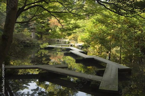 Pond and walkway in Oyama jinja shrine, Kanazawa, Ishikawa prefecture, Japan