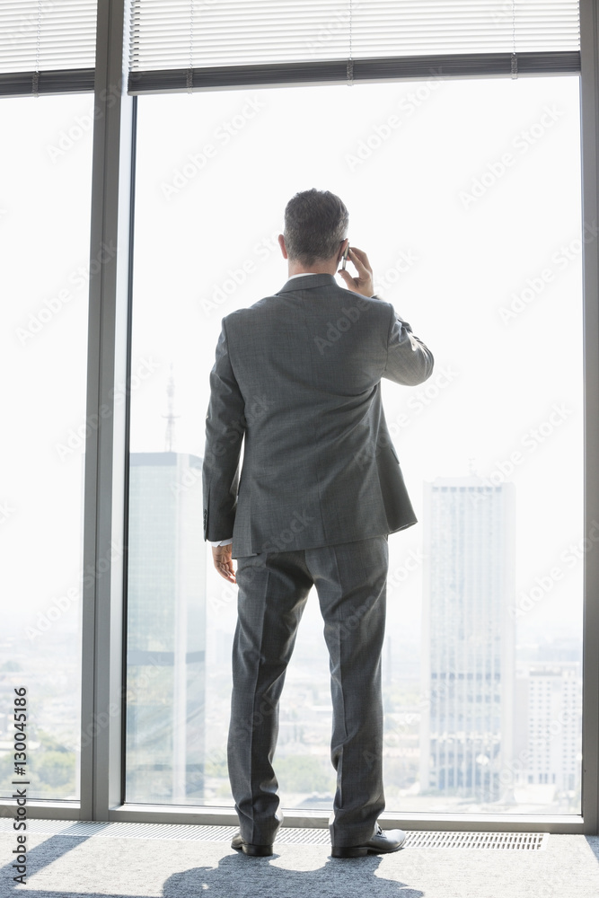 Full length rear view of mature businessman using cell phone white standing near window Full length rear view of mature businessman using cell phone white standing near window