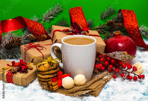 Christmas holiday background with coffee cup