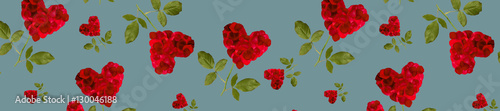 panorama red heart rose petals on a stalk of green leaves