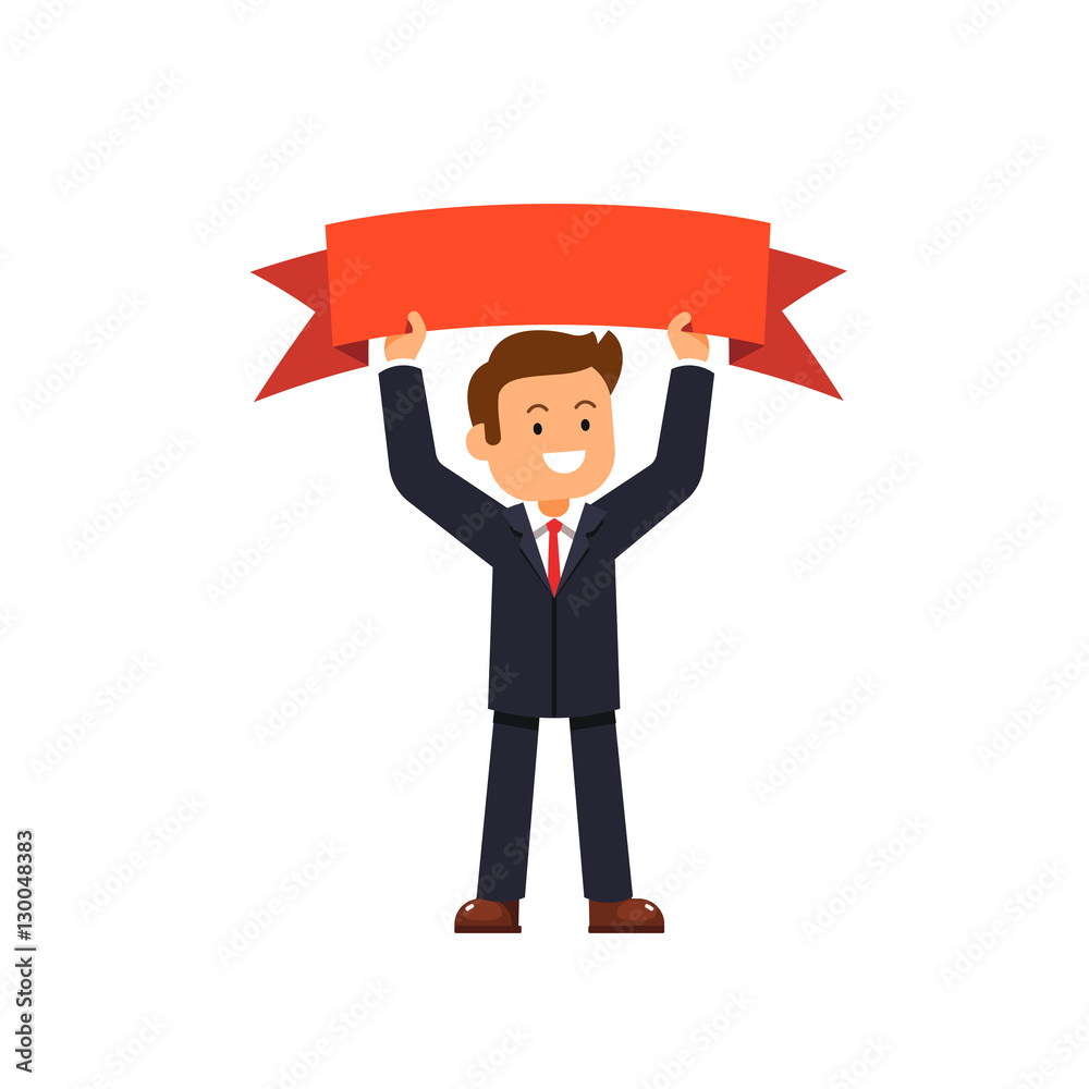 Business man holding winner red ribbon Business man holding winner red ribbon