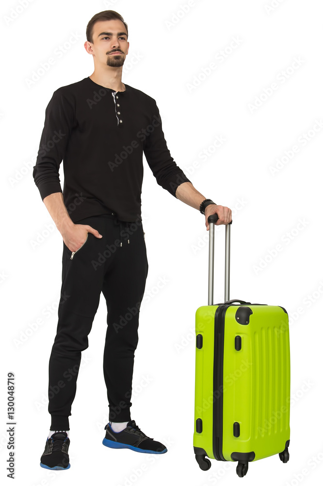 handsome man standing with green suitcase isolated on white background