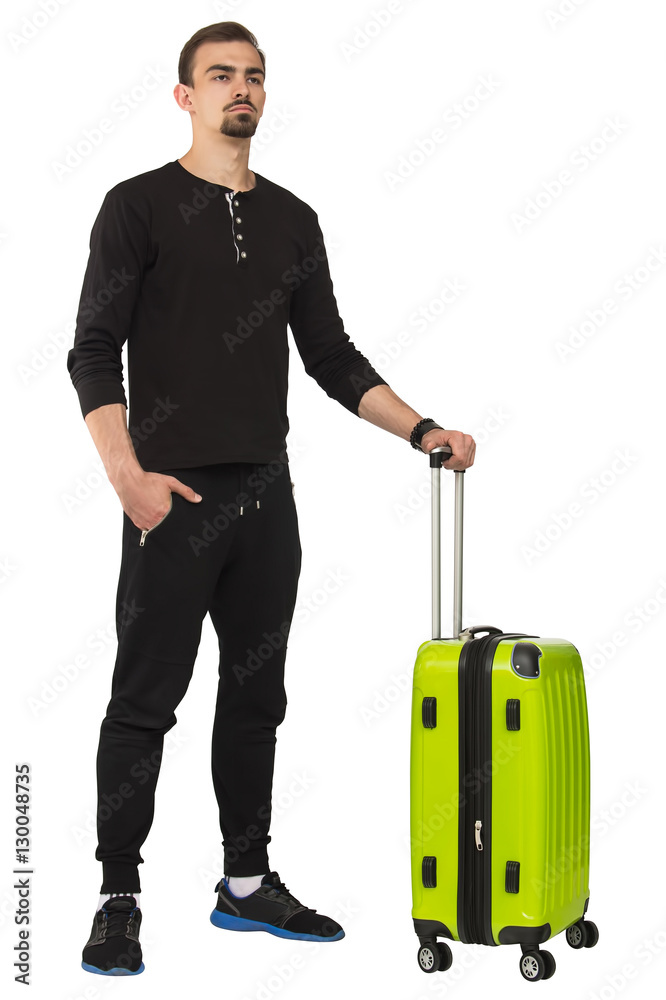 handsome man standing with green suitcase isolated on white background handsome man standing with green suitcase isolated on white background