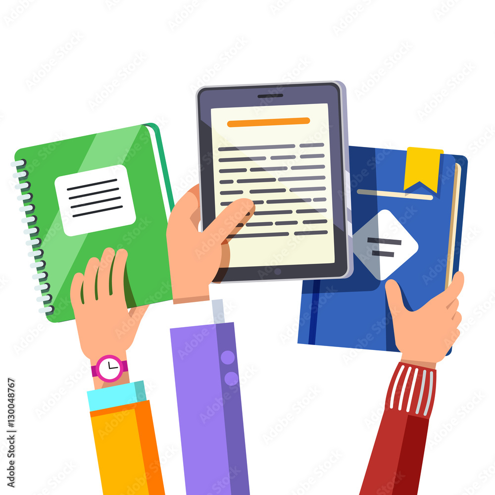 Students holding opened book and tablet computer Students holding opened book and tablet computer