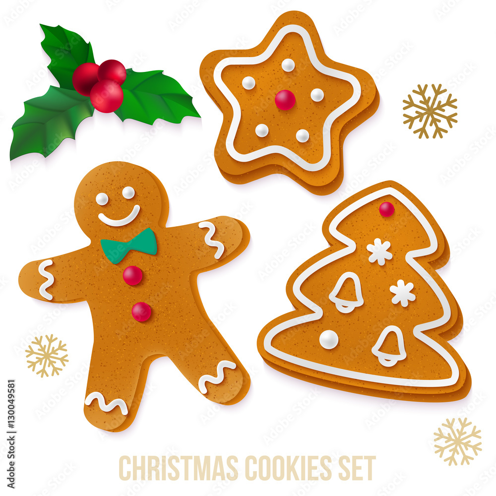 Set of gingerbread Christmas cookies with holly and snowflakes. Set of gingerbread Christmas cookies with holly and snowflakes.