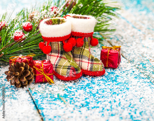 Christmas decoration hanging over wooden background