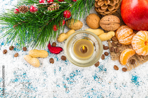 Christmas decoration hanging over wooden background