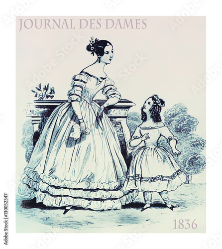 French 1836 fashion, young lady and girl elegant dressed with laces, frills and hairdo in garden