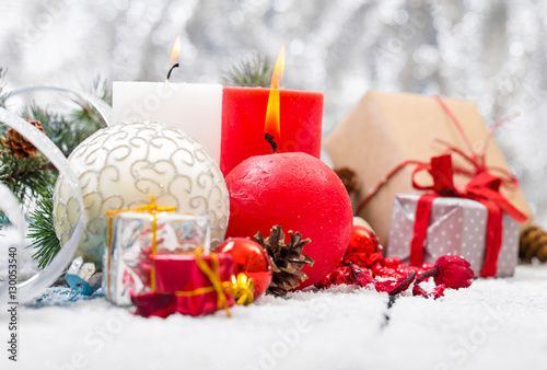 Christmas decoration hanging over wooden background