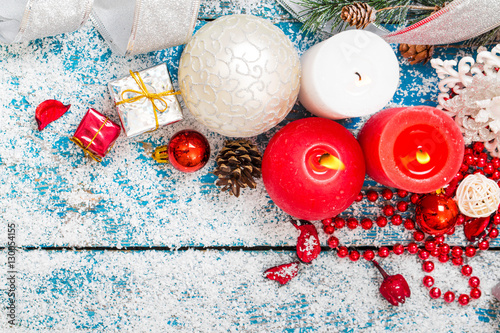 Christmas decoration hanging over wooden background