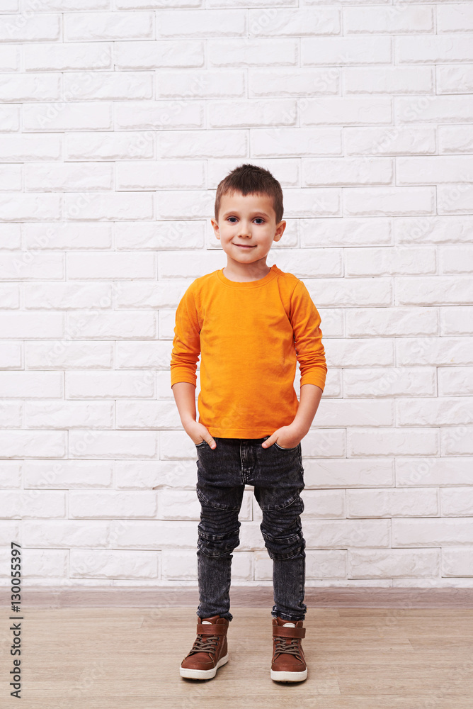 Little handsome boy standing in a confident pose and holding han