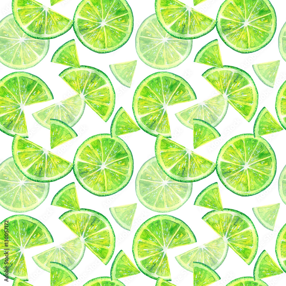 Seamless pattern of a lemon lime.Fruit picture.Watercolor hand drawn illustration.White background