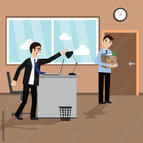 Boss fired worker. Office retire illustration.