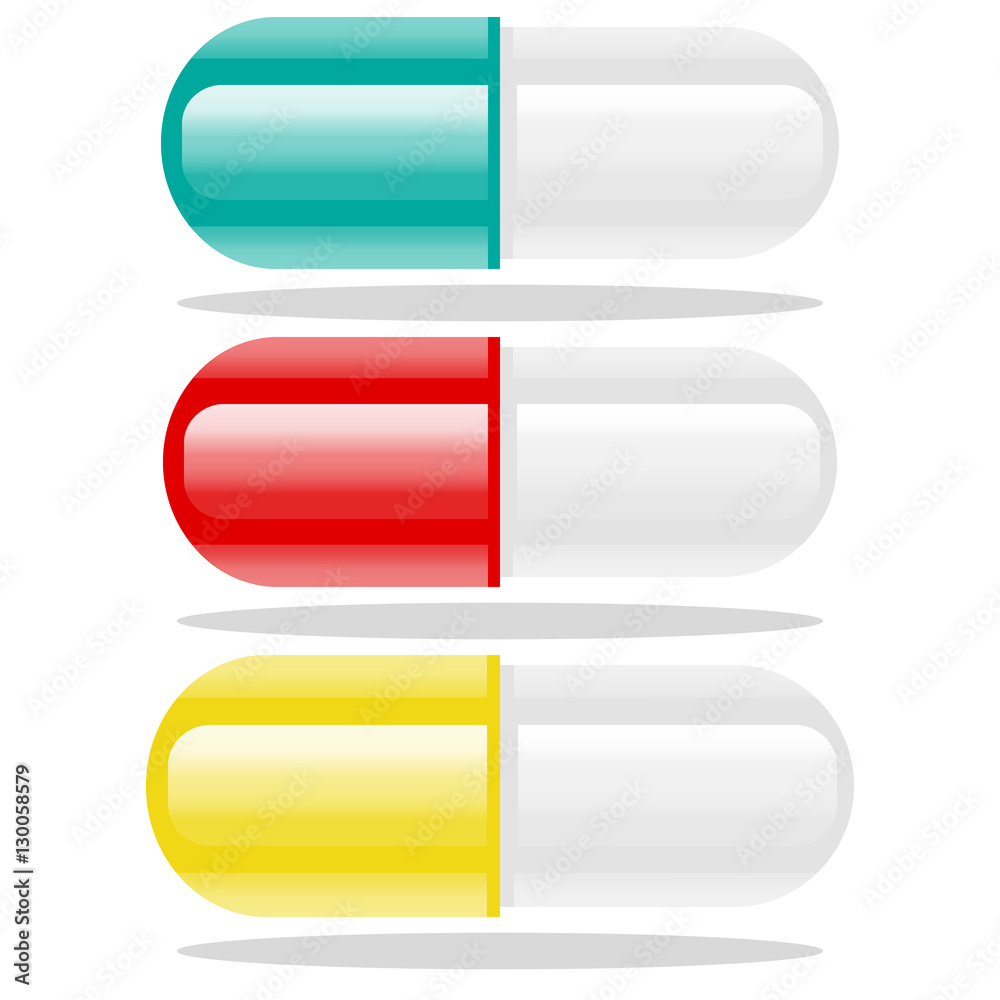Colorful capsules set. Red pills. Green pills. Yellow pills. Colorful capsules set. Red pills. Green pills. Yellow pills.
