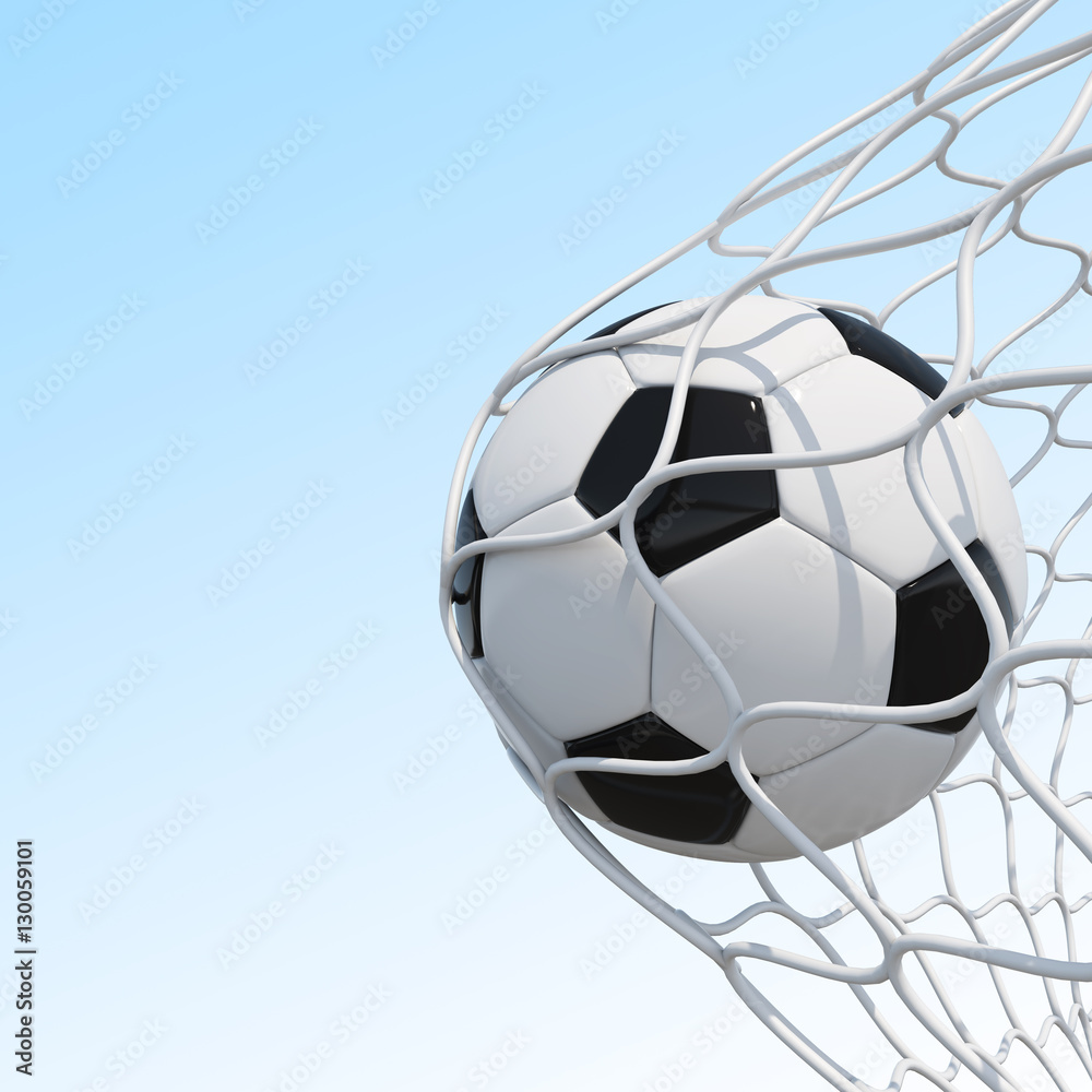 Naklejka premium Soccer ball in net on sky background.