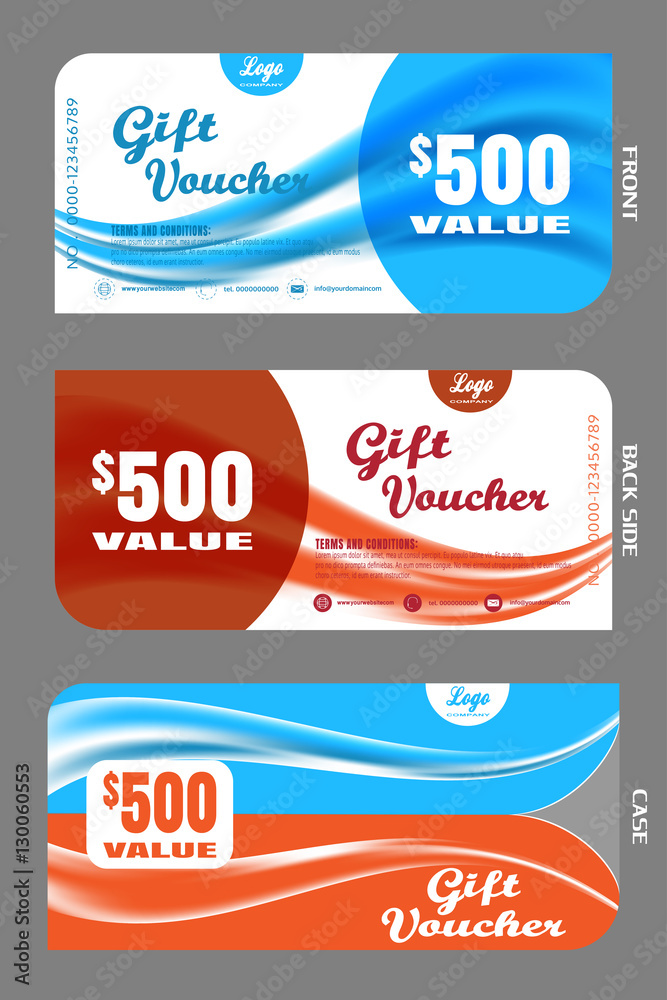 Set of vector blank stylish gift voucher with case to attract new customer on white, red and blue background with waves. Set of vector blank stylish gift voucher with case to attract new customer on white, red and blue background with waves.