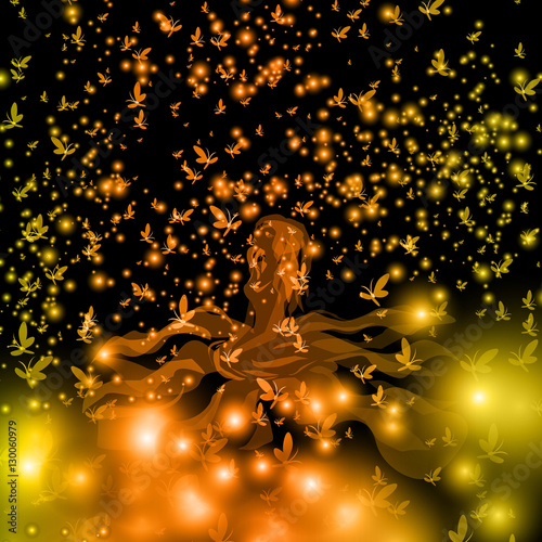 Silhouettes, ghostly girl in the rain of fireflies and butterflies you twilight, vector