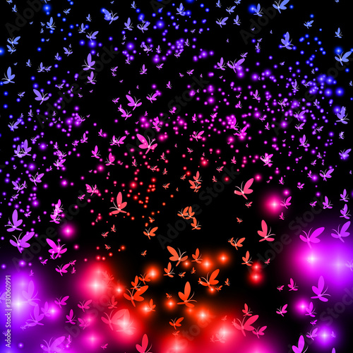 Silhouettes, flocks of butterflies and fireflies circling in the sky, vector