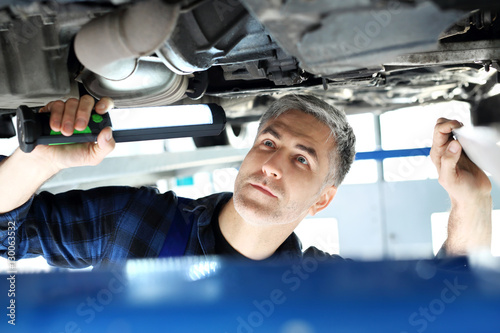 Warsztat samochodowy, mechanik naprawia samochód. 