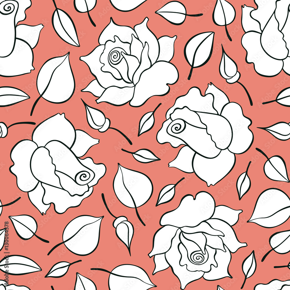 Seamless pattern with roses, buds and leaves. Vector hand drawn pattern ...