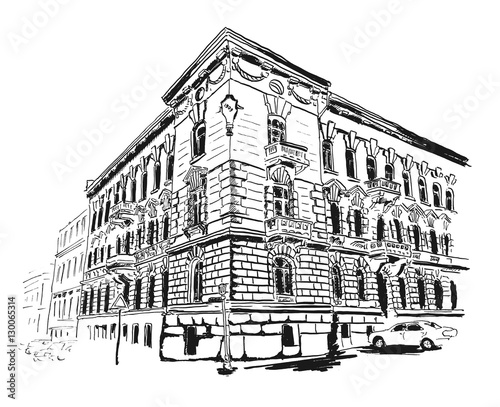 Original sketch hand drawing of european cityscape. Historical building illustration