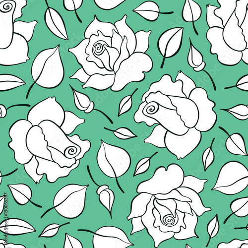 Seamless pattern with roses, buds and leaves. Vector hand drawn pattern. Good for packing design, textile industry, wallpapers and backgrounds.