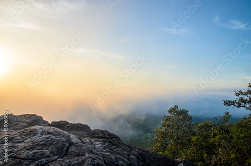 A view from the mountain top with sunrise