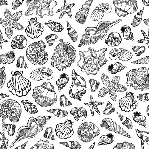 Seamless pattern with hand drawn seashells and starfishes. Sea theme. Vector graphic illustration.