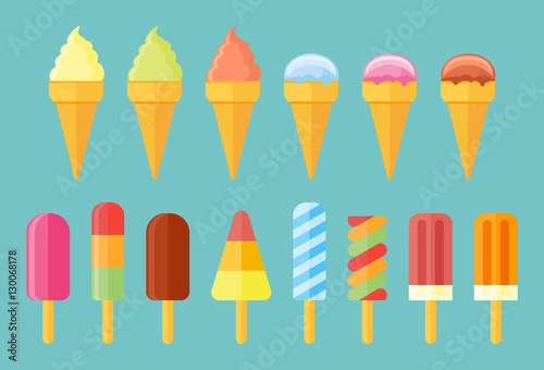 Collection of ice cream. Set of cones, ice lolly, popsicles isolated on blue background. Flat style icons.