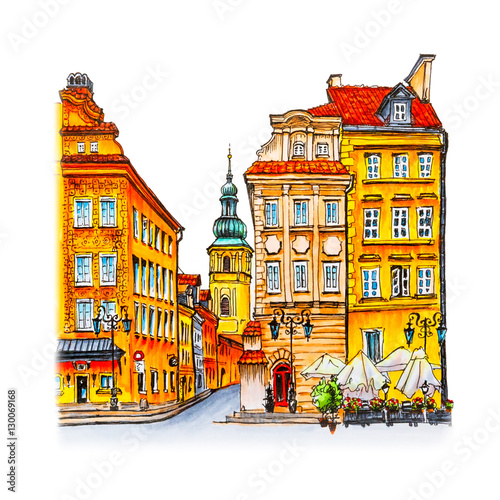Color hand drawing, Castle Square, Piwna street and Bell tower of St. Martin's Church in the morning, Warsaw Old town, Poland. Picture made liner and markers photo