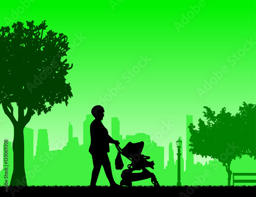 Grandmother walking with her grandson in stroller in park, one in the series of similar images silhouette