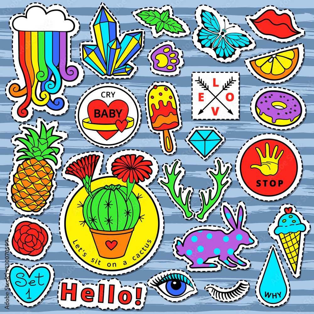 Fototapeta premium Fashion patch badge elements in cartoon 80s-90s comic style. Set modern trend doodle pop art sketch.