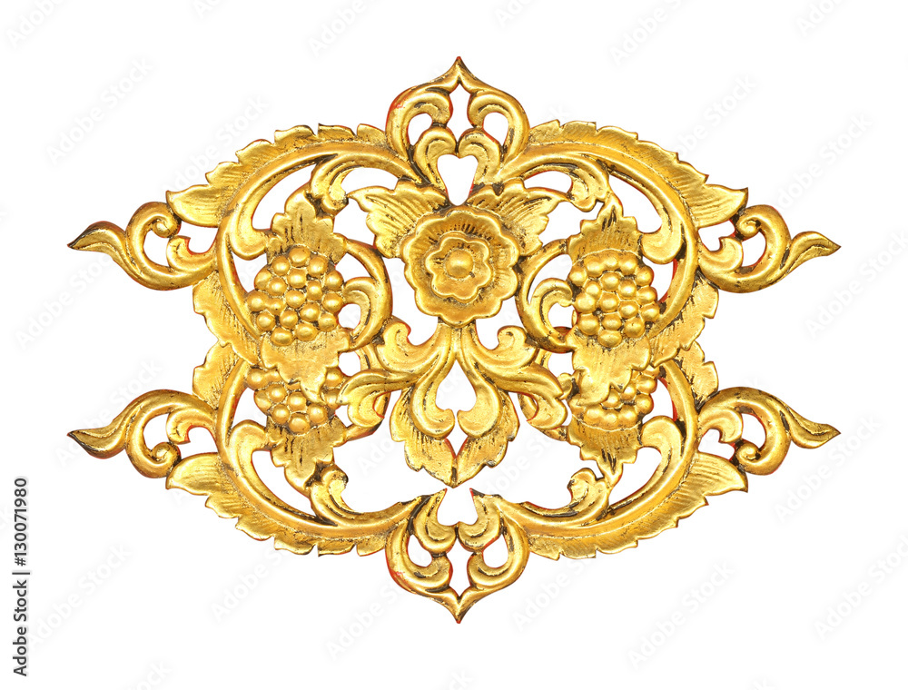 Pattern of wood carve gold paint for decoration on black backgro