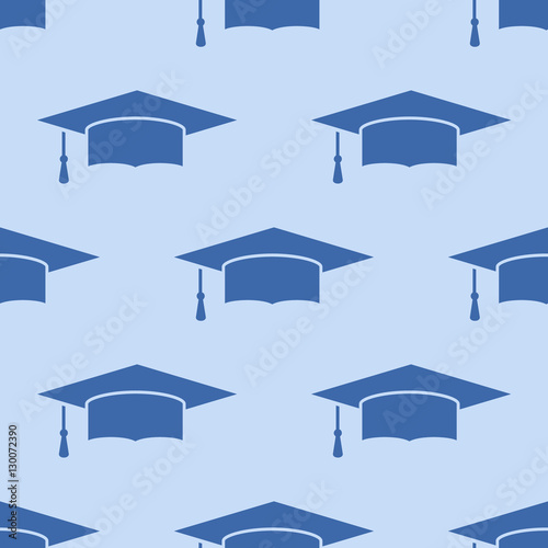 Seamless pattern with graduation cap on blue background. Vector texture.