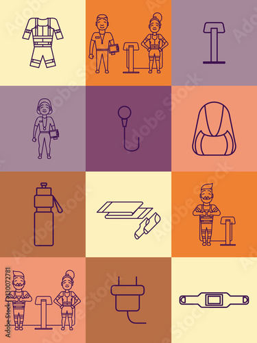 Ems training icons. Electric muscular stimulating fitness symbols. Fitness center design elements. Personal trainer and sportsman. Line flat concept. Sports company pictogram. Vector illustration