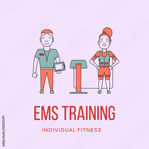 Ems training logo. Electric muscular stimulating fitness. Fitness center banner. Personal trainer and sportsman. Line flat concept. Sports company flyer, sticker. Vector illustration