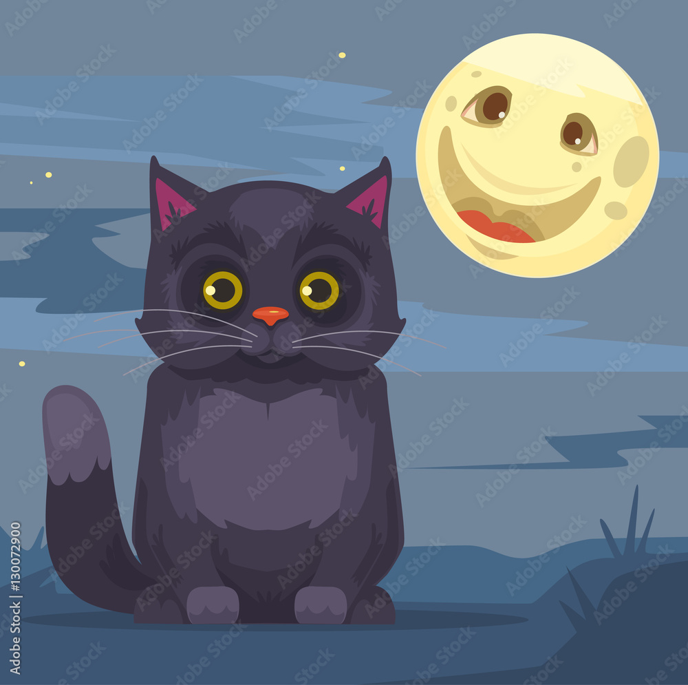 Black cat and moon characters. Vector flat cartoon illustration Stock ...