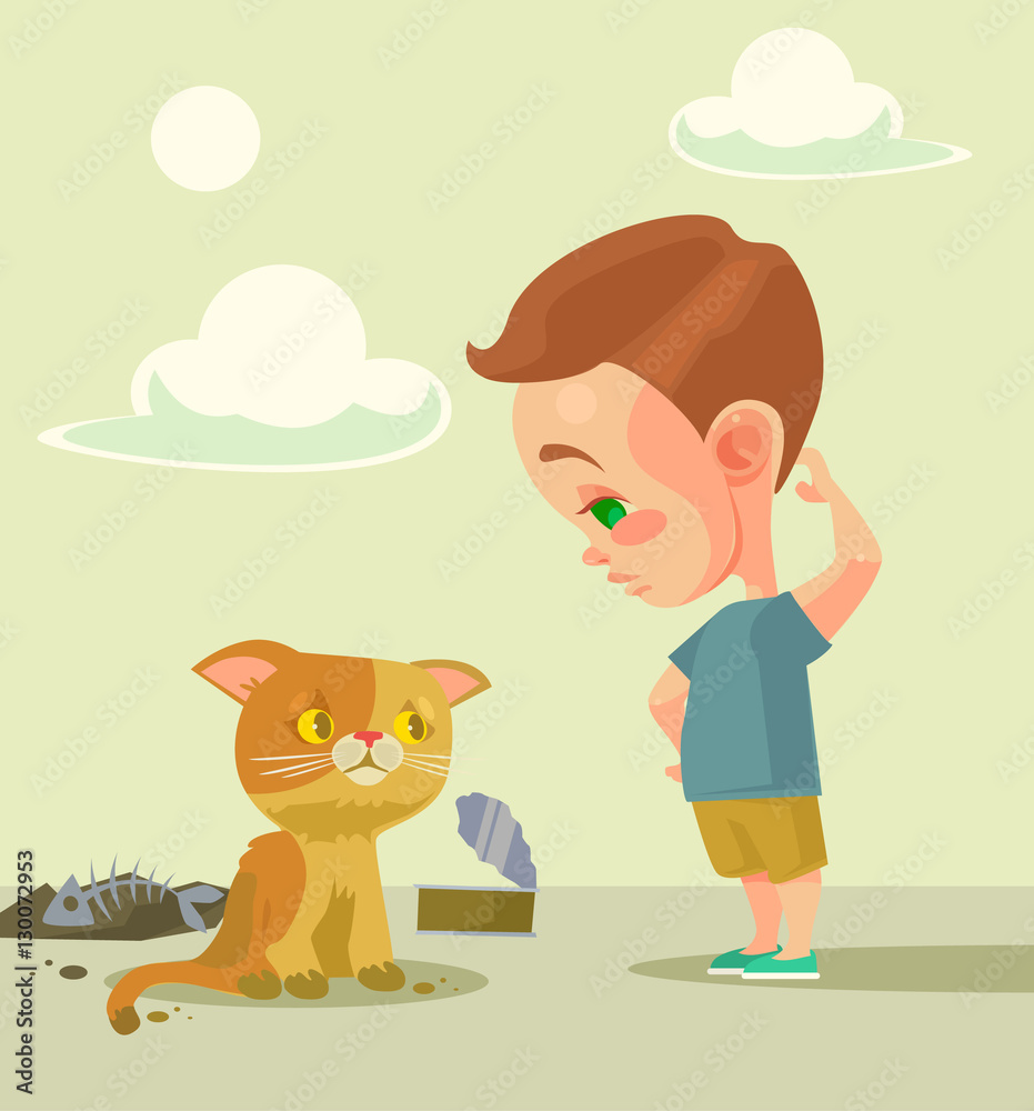 Little boy and homeless cat. Vector flat cartoon illustration