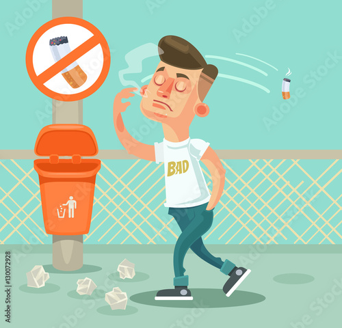 Bad boy character throw garbage. Vector flat cartoon illustration