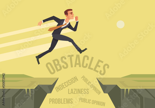 Businessman character jumps over problems. New start up project. Vector flat cartoon illustration 