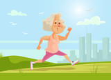 Old sport woman character running. Healthy lifestyle. Vector flat cartoon illustration