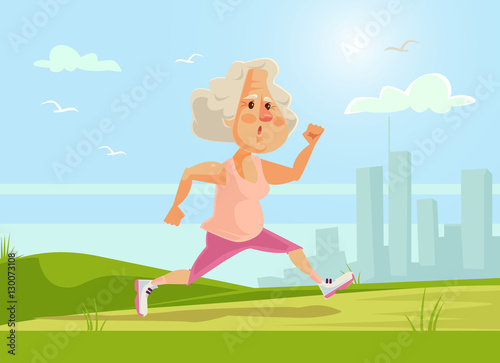 Old sport woman character running. Healthy lifestyle. Vector flat cartoon illustration