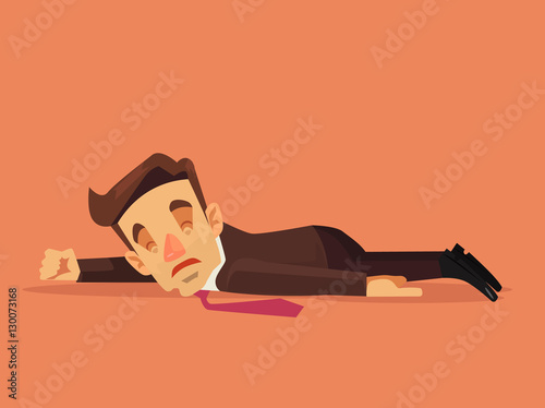 Hard work. Office worker character lying on the floor. Vector flat cartoon illustration