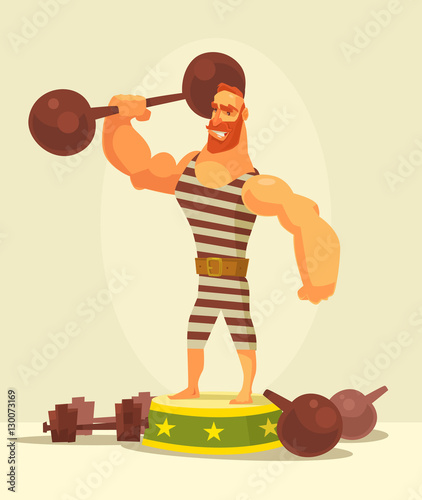 Athlete strong man character holding dumbbell. Vector flat cartoon illustration