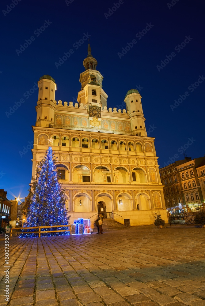 Renaissance town hall and christmas decorations in city of Poznan.