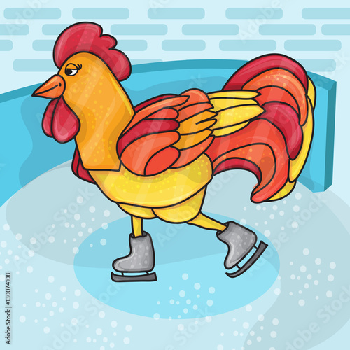 Rooster bird skate on skating ring